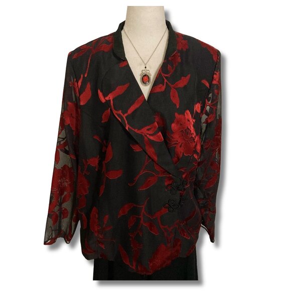 TRADITION Plus size black dark red sheer floral blouse ~ Vintage XL 1X XXL 2X - Picture 1 of 13